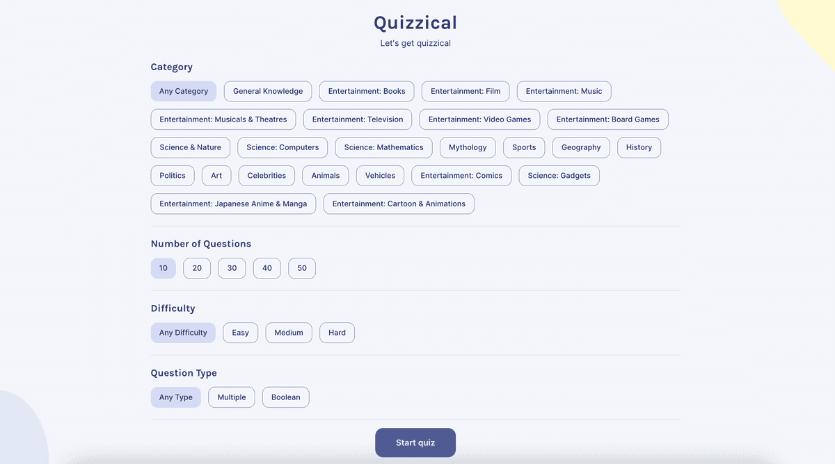 Screenshot of the start menu of the Quizzical app, with options for question categories, number of questions, difficulty and question type.
