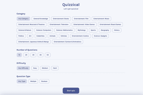 Screenshot of the trivia questions page of the Quizzical app