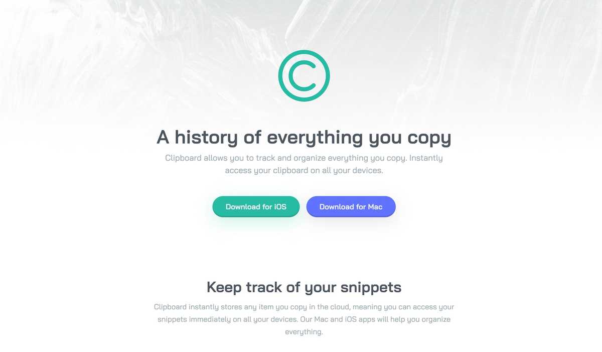 Screenshot of the Clipboard Landing page hero section